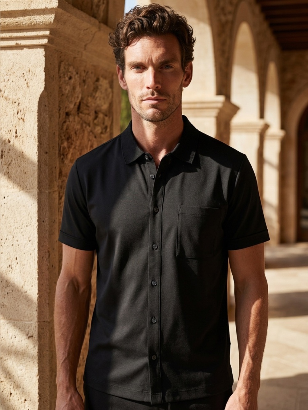 BOSS Hugo Boss Slim Fit Mercerized Cotton Black Short Sleeve Button Front